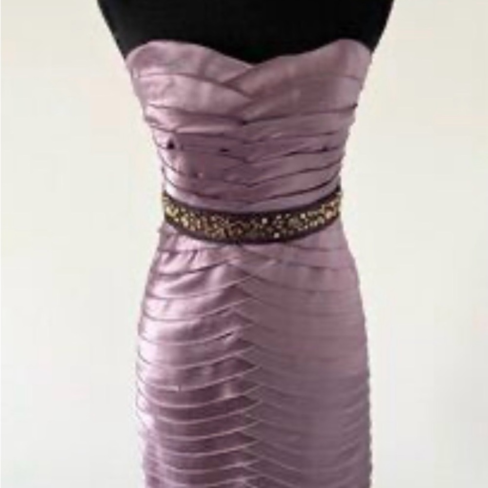 BCBGMaxAzria Strapless MauvePurple Satin Dress with Beaded Waist - Picture 6 of 7